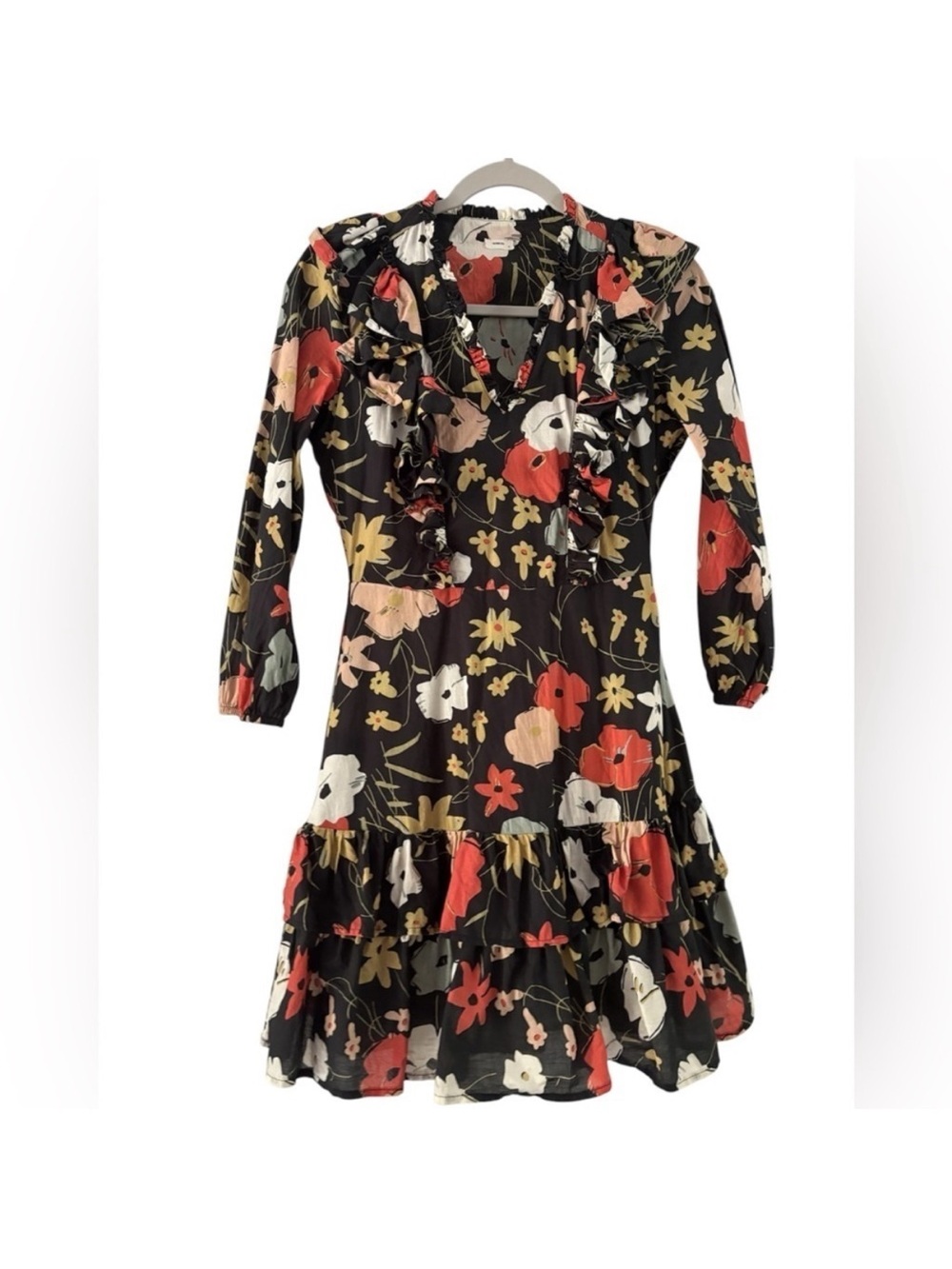 Warm Black Floral Ruffle Mini Dress with Red, Cream & Yellow Flowers